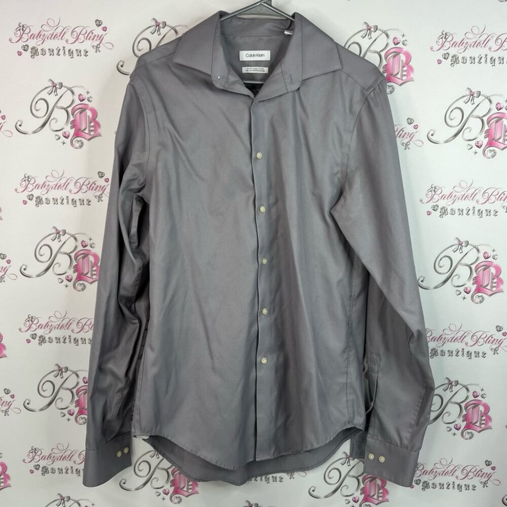 Calvin Klein button up collared shirt slim fit Men's Silver Dress Shirt
